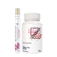 Bluegrass hair, nail, and skin supplement bottle and spray on a white background.