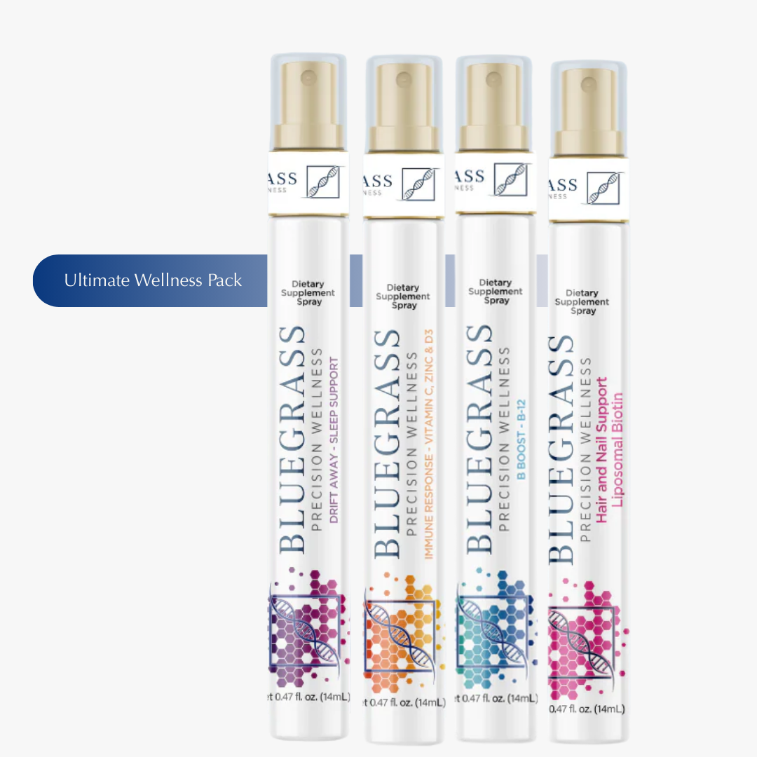 Five Bluegrass dietary supplement spray bottles on a white background.