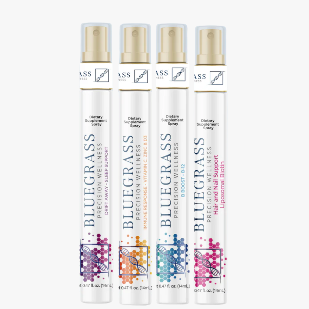Set of Bluegrass dietary supplement spray bottles on a white background.