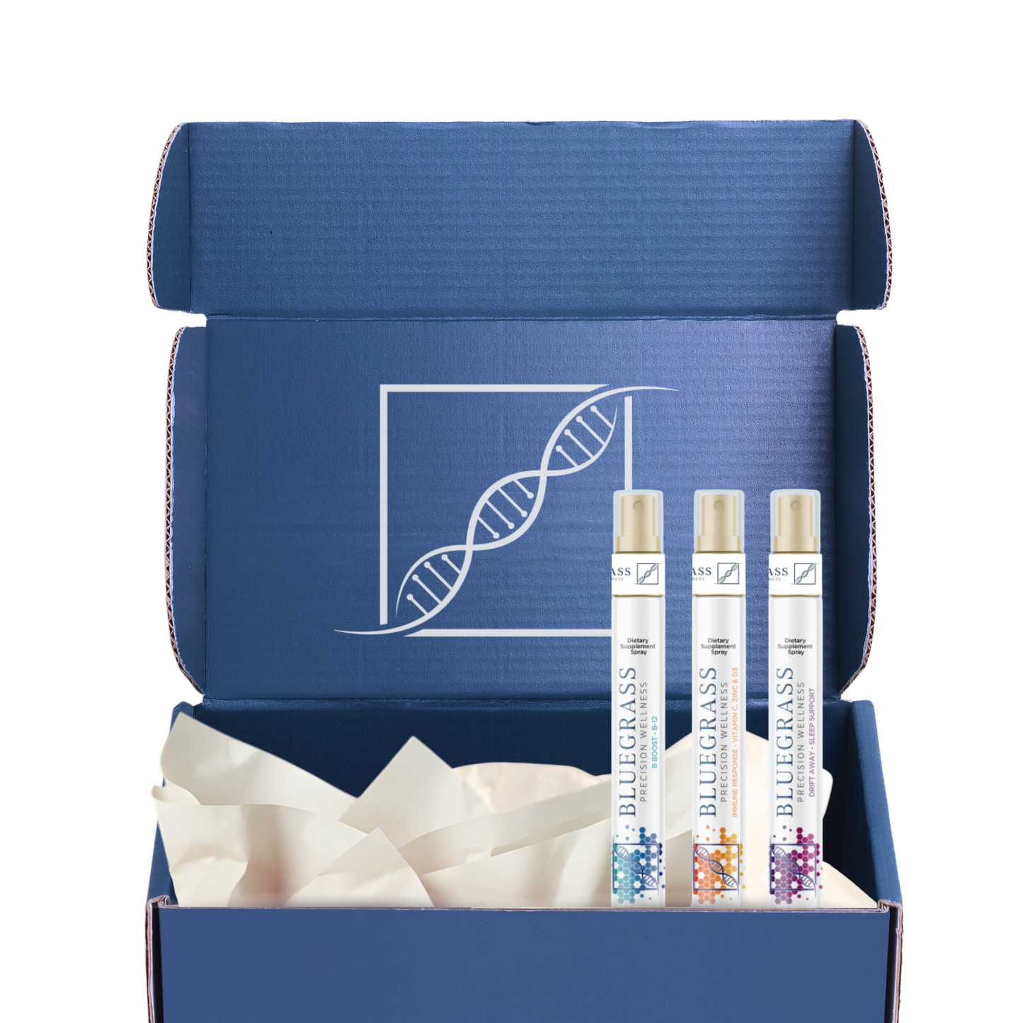 Blue box with a DNA double helix design containing Bluegrass products.
