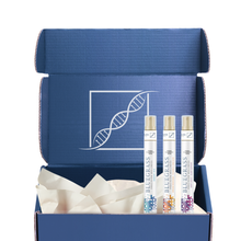 Blue box with a DNA double helix design containing Bluegrass products.