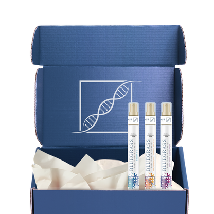 Blue box with a DNA double helix design containing Bluegrass products.