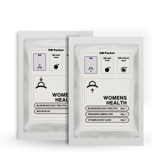 Two white packets labeled 'AM Packet' and 'PM Packet' with health product information on a white background.