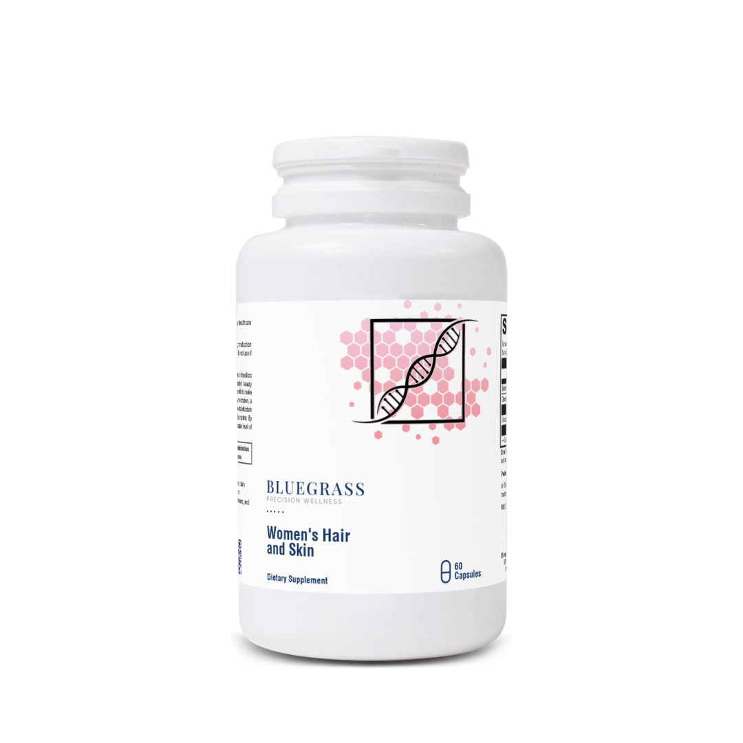 A bottle of Bluegrass Women's Hair and Skin supplement with 60 capsules, featuring a label with a DNA double helix and pink accents.