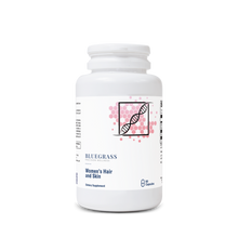 A bottle of Bluegrass Women's Hair and Skin supplement with 60 capsules, featuring a label with a DNA double helix and pink accents.