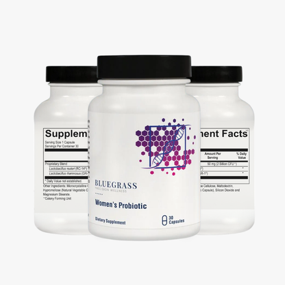 Three bottles of Bluegrass Women's Probiotic on a white background.