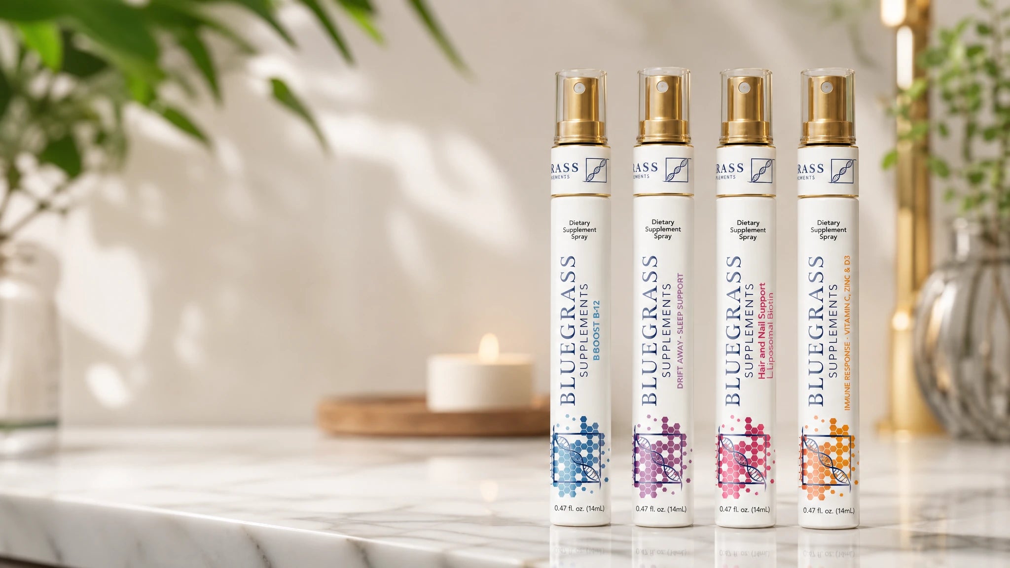 Four Bluegrass wellness sprays on a sunlit countertop
