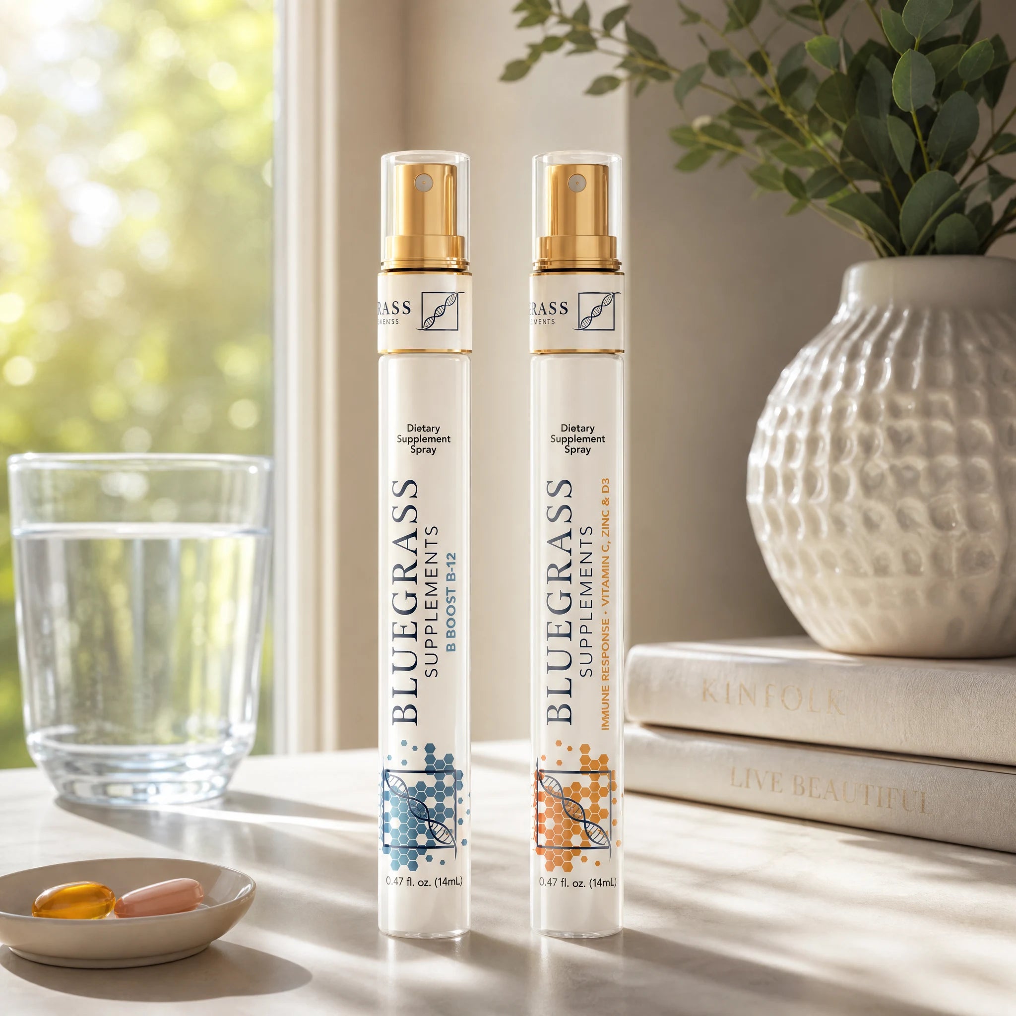 B-Boost B12 and Immune Response sprays on a sunlit counter